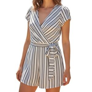 EVERLY‎ Blue  White Striped Tie Side Faux  Wrap Romper NWOT Size M